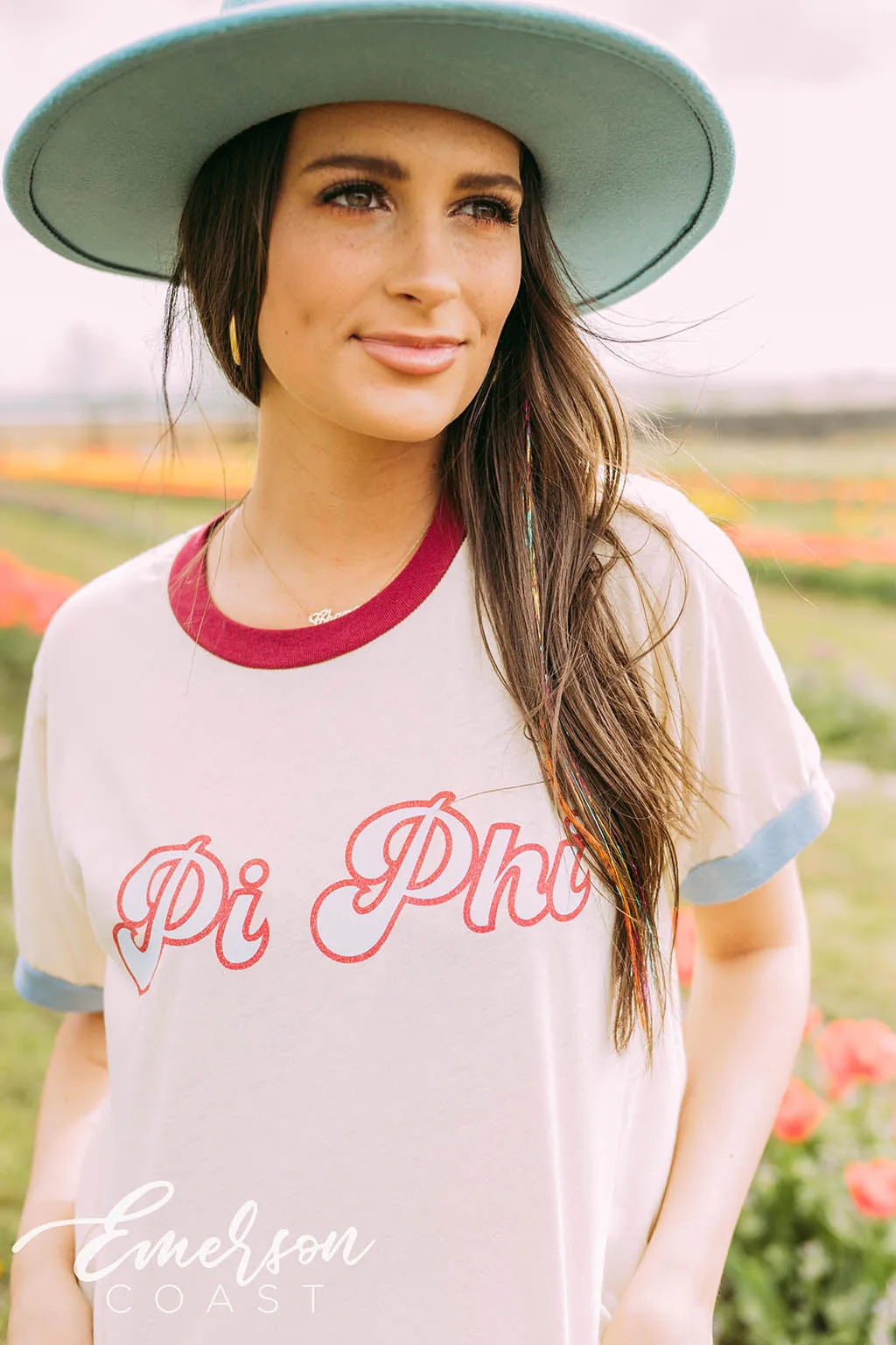 Pi Phi Maroon and Blue Colorblock Ringer Tee