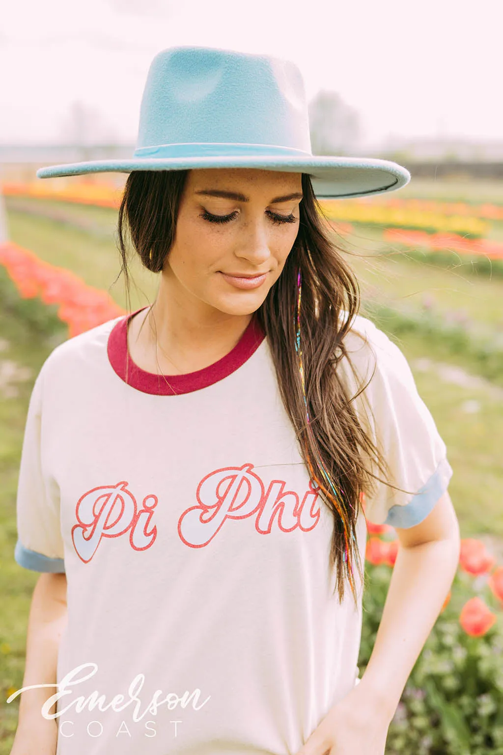 Pi Phi Maroon and Blue Colorblock Ringer Tee