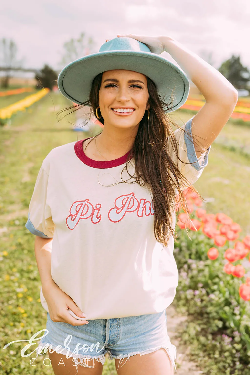 Pi Phi Maroon and Blue Colorblock Ringer Tee