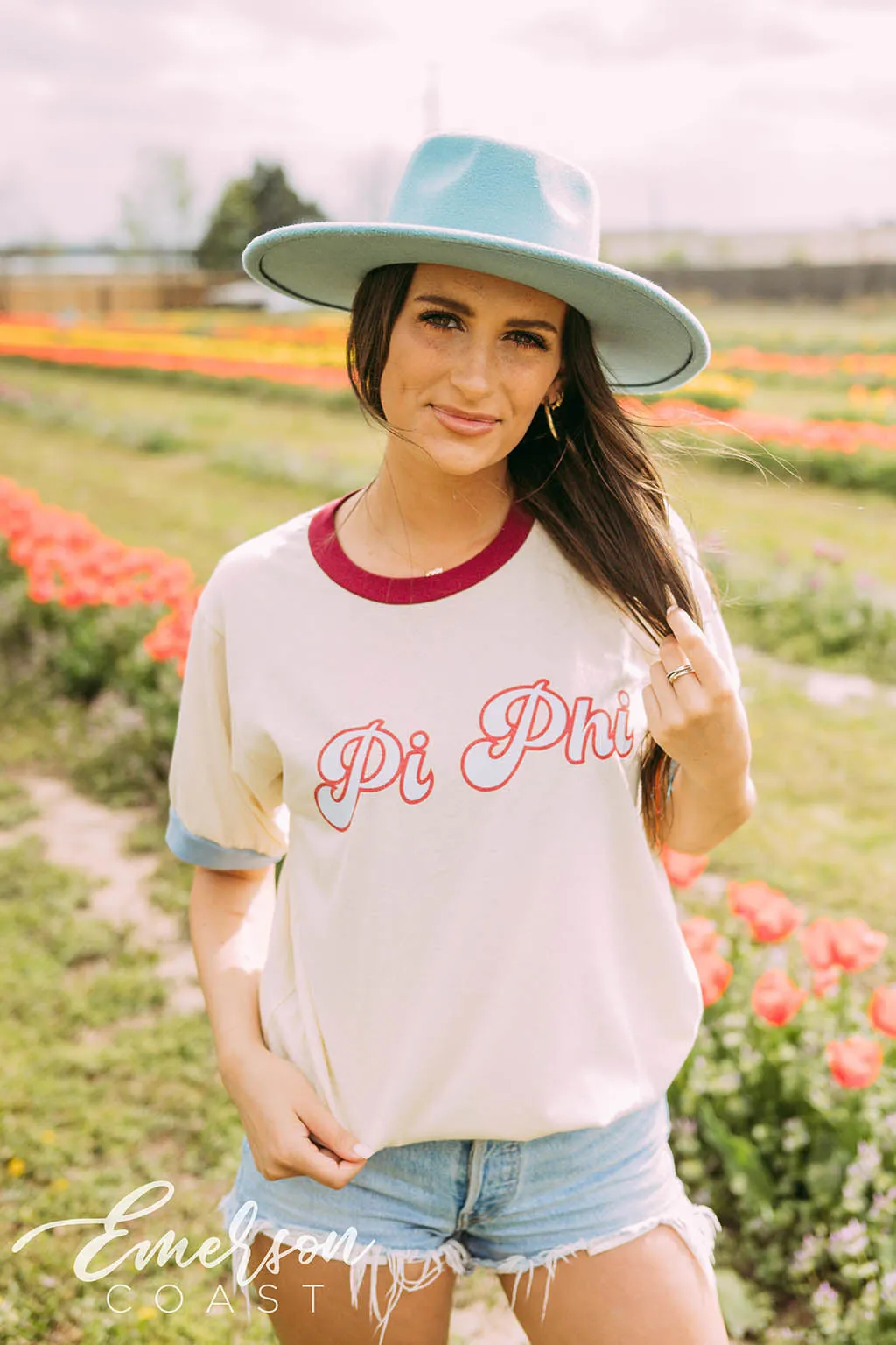 Pi Phi Maroon and Blue Colorblock Ringer Tee