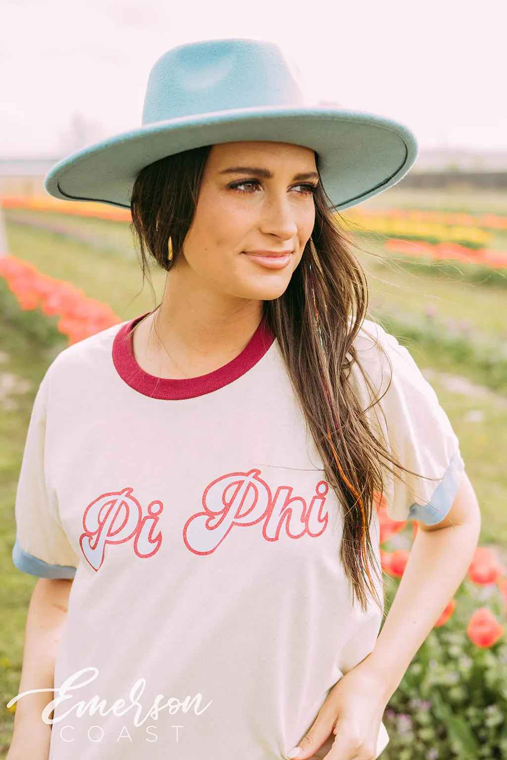 Pi Phi Maroon and Blue Colorblock Ringer Tee