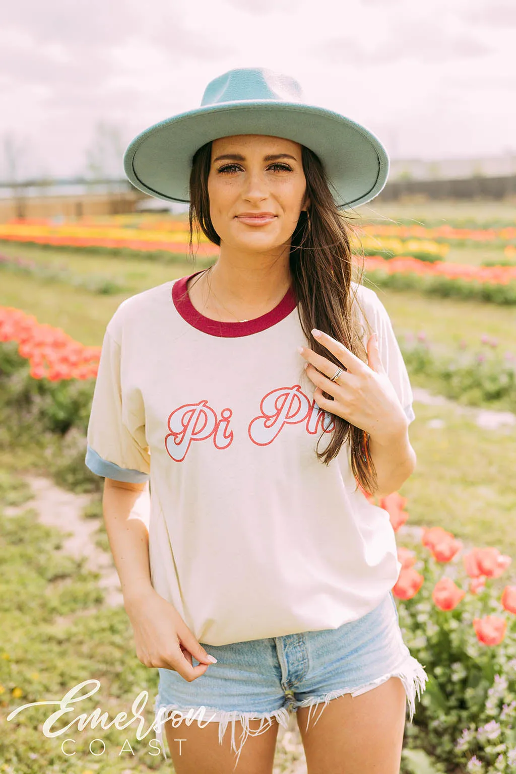 Pi Phi Maroon and Blue Colorblock Ringer Tee