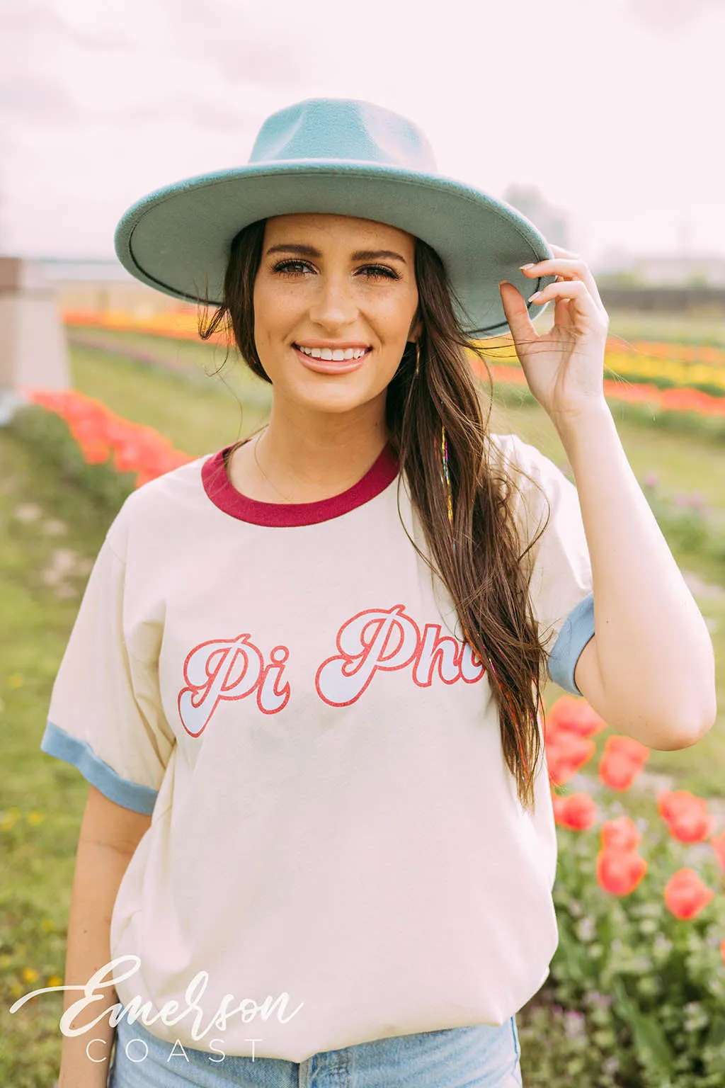 Pi Phi Maroon and Blue Colorblock Ringer Tee