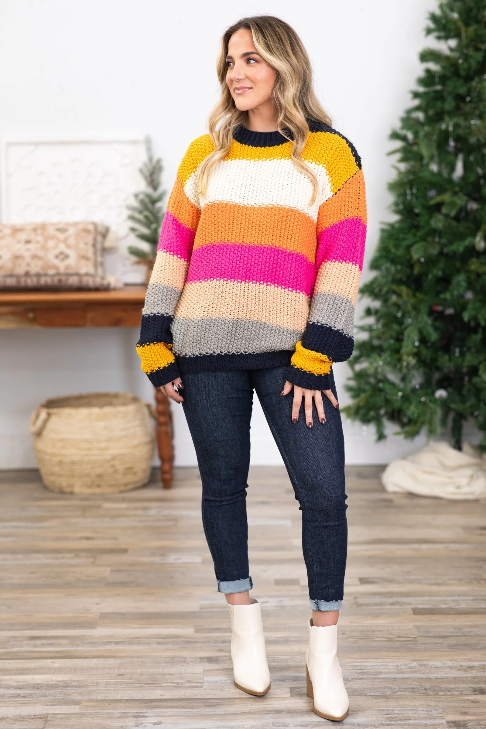 Pink and Gold Stripe Colorblock Sweater