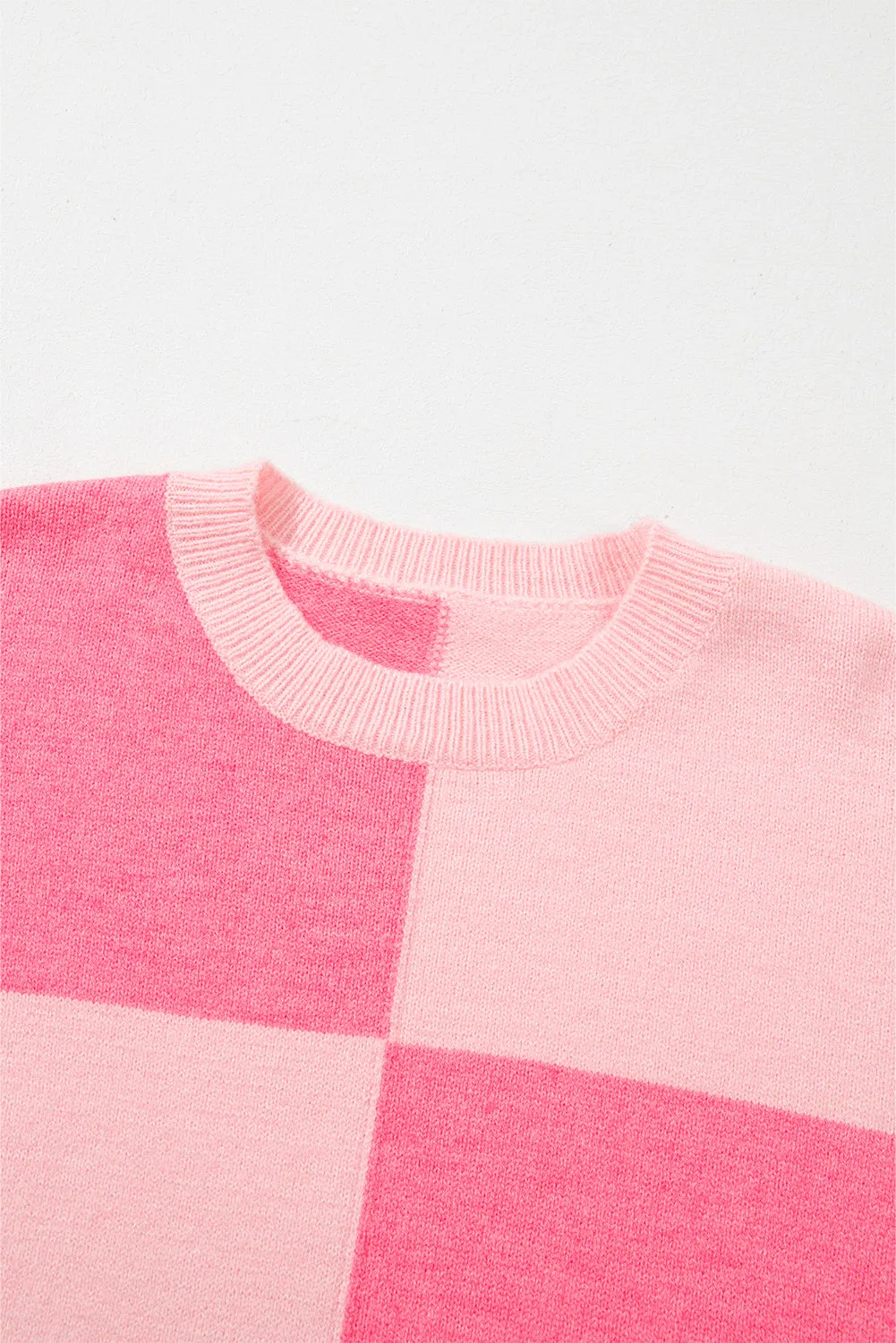 Pink Checkered Colorblock Striped High Low Loose Sweater