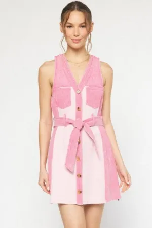 Pink Denim Colorblock Dress with Tie