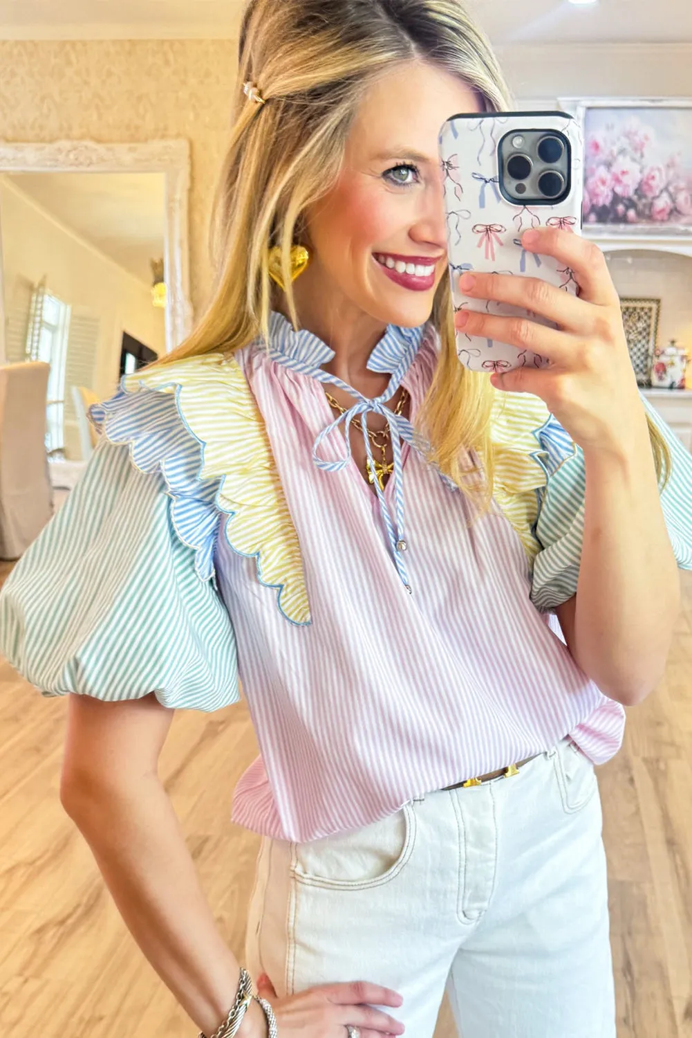 Pink Stripe Colorblock Puff Sleeve Ric Rac Tied Notched Neck Blouse