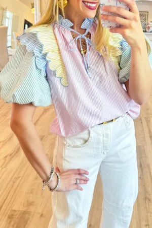 Pink Stripe Colorblock Puff Sleeve Ric Rac Tied Notched Neck Blouse