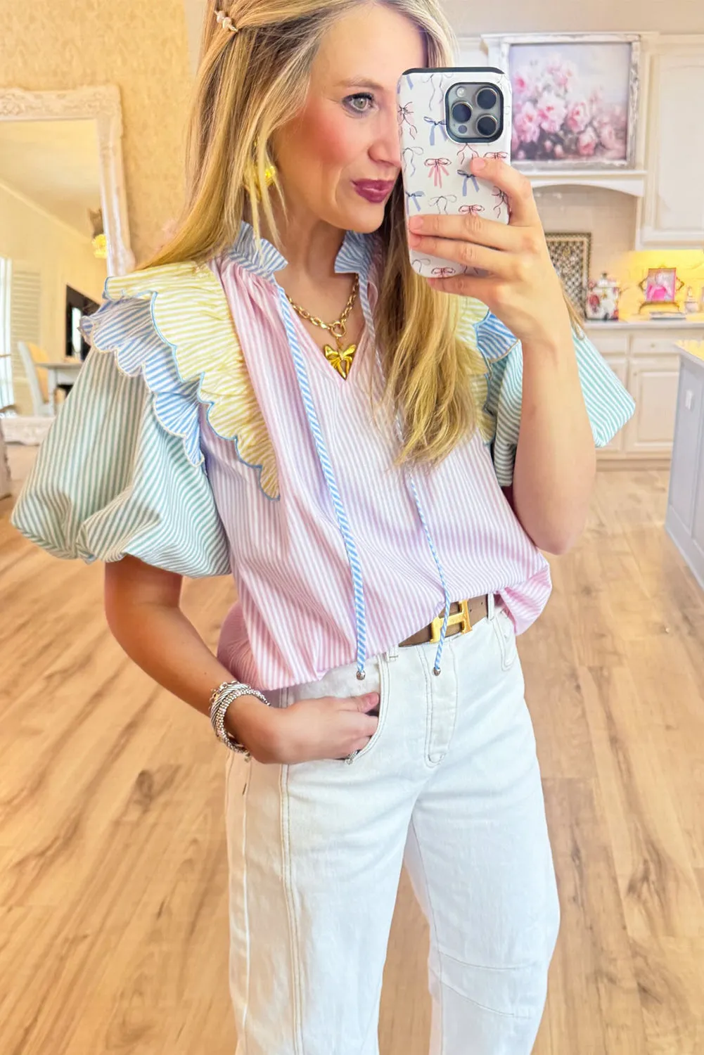 Pink Stripe Colorblock Puff Sleeve Ric Rac Tied Notched Neck Blouse