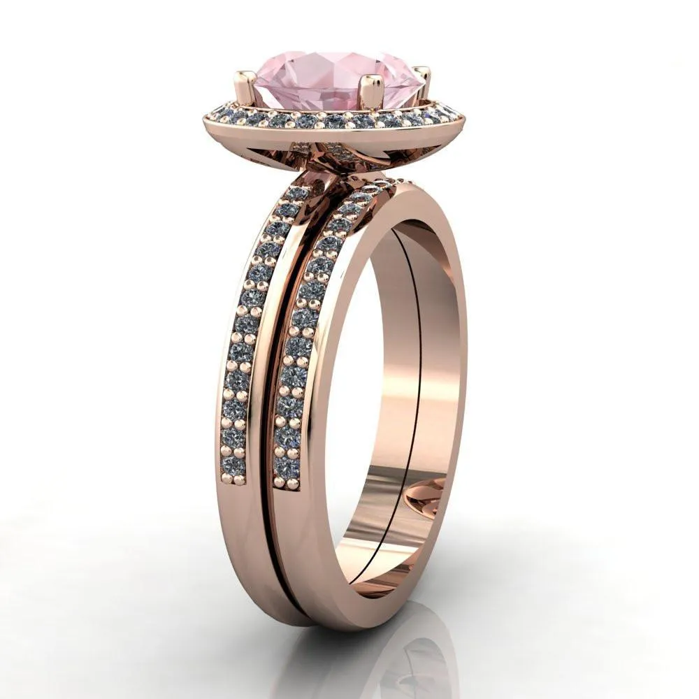Portia 8mm AAA Natural Round Morganite Diamond Collar and Shoulders Design 14k Rose Gold Ring with Option of Matching Wedding Band