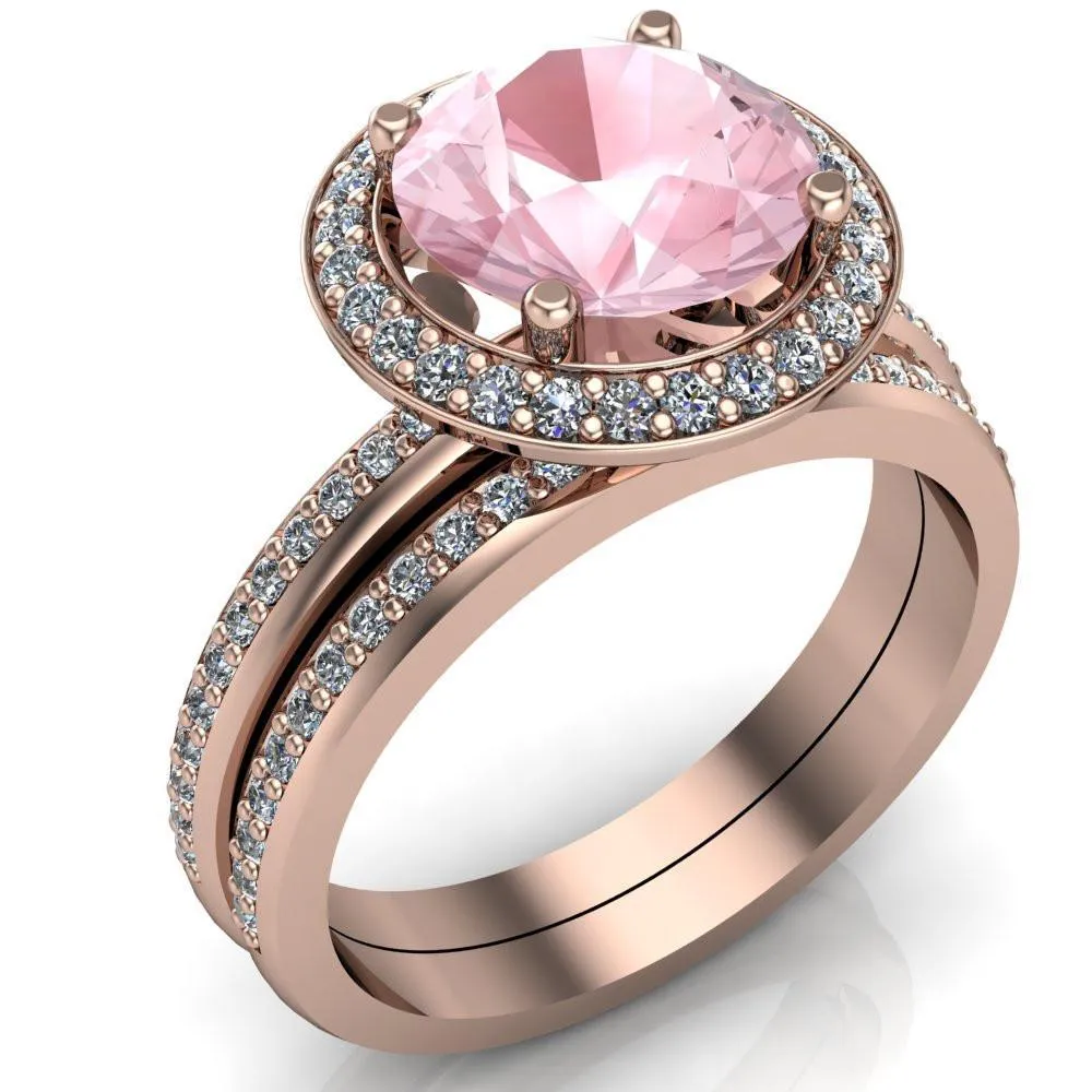 Portia 8mm AAA Natural Round Morganite Diamond Collar and Shoulders Design 14k Rose Gold Ring with Option of Matching Wedding Band