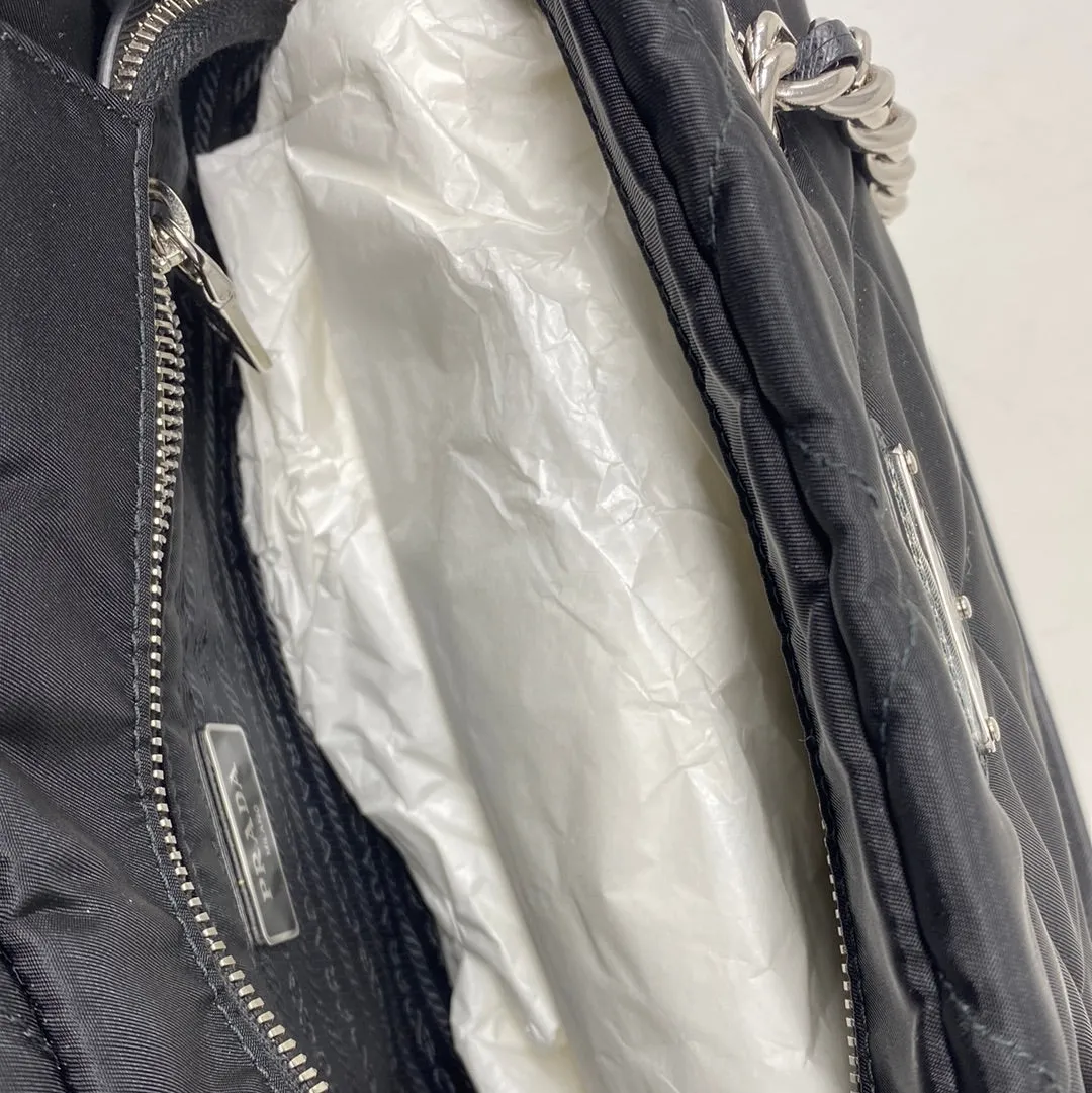Prada Nylon Quilted Top Handle Bag with Silver Hardware