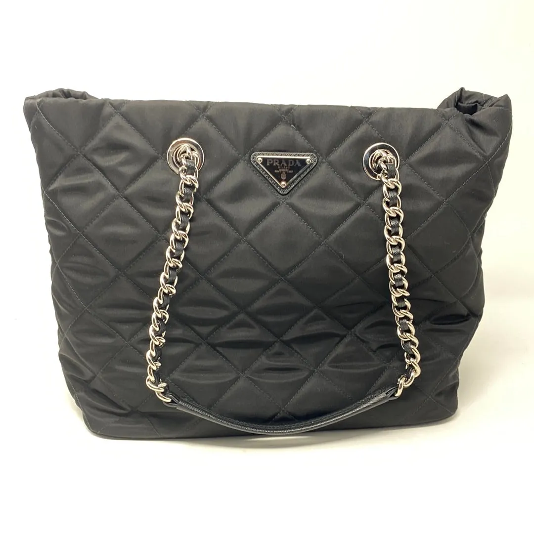 Prada Nylon Quilted Top Handle Bag with Silver Hardware