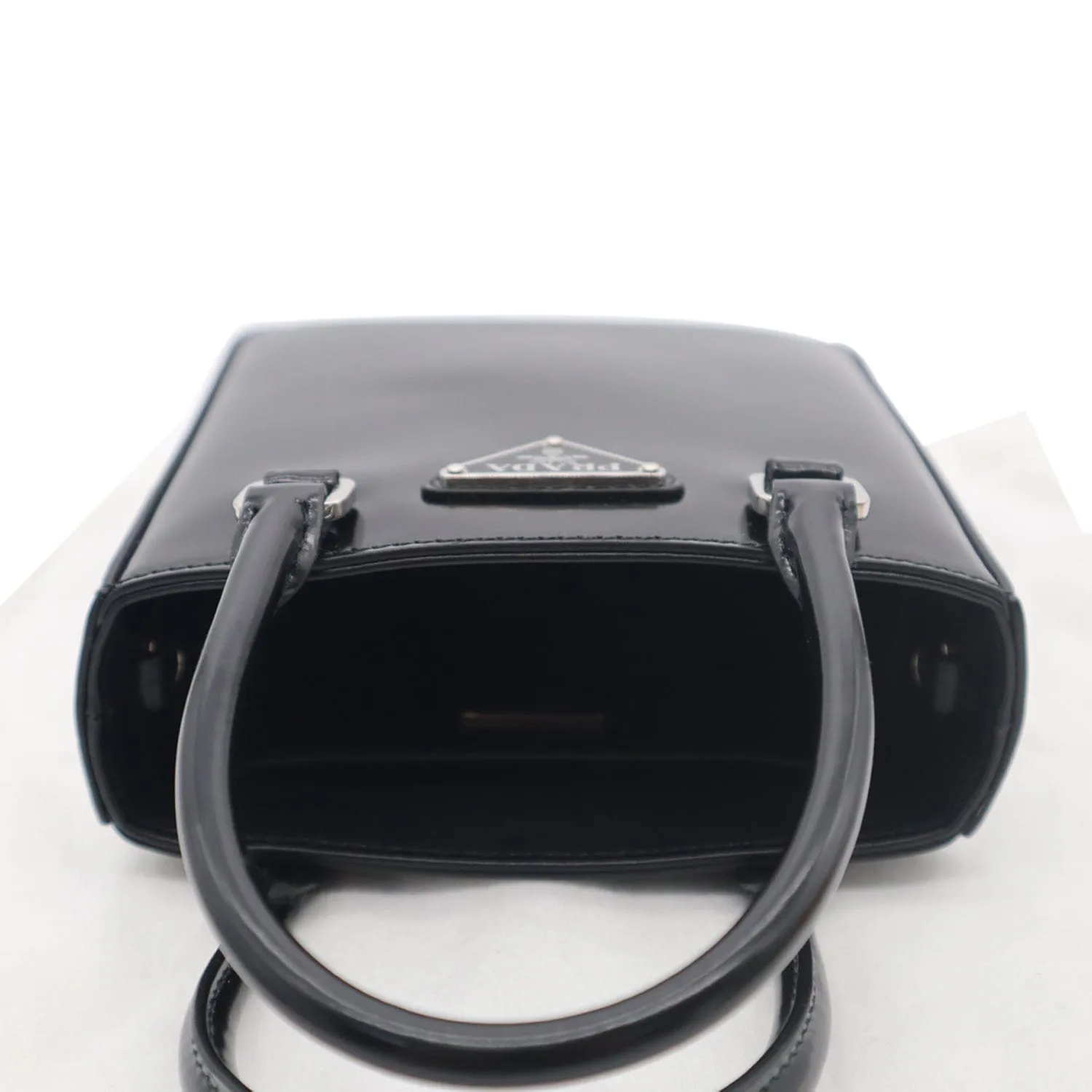 PRADA Small Brushed Leather Tote Shoulder Bag Black