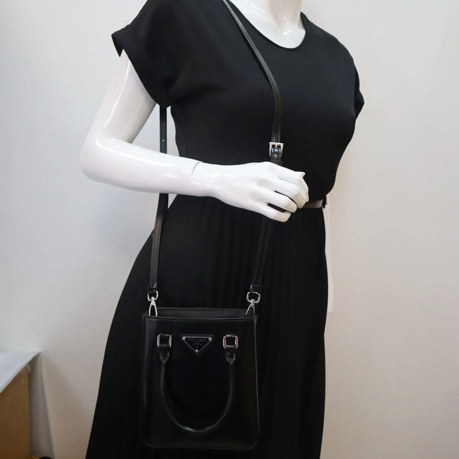 PRADA Small Brushed Leather Tote Shoulder Bag Black