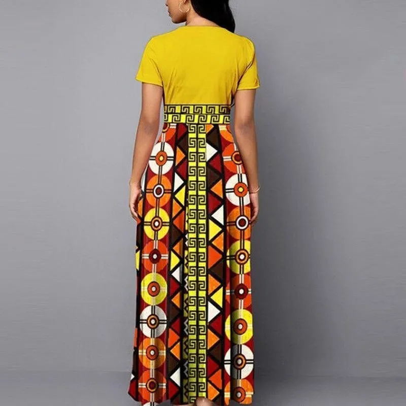 Print High Waist Short Sleeve Maxi Dress