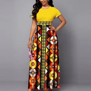 Print High Waist Short Sleeve Maxi Dress