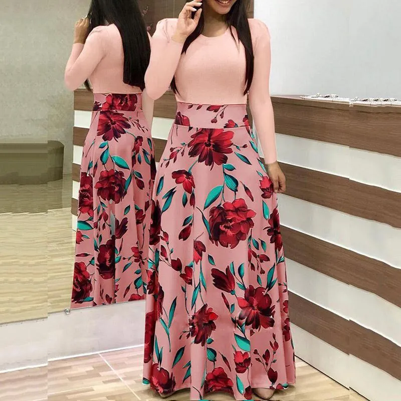 Printed Colorblock Long Sleeve Maxi Dress