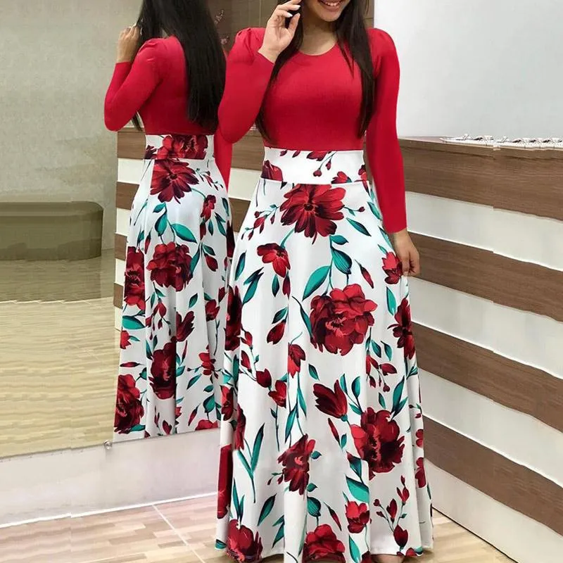 Printed Colorblock Long Sleeve Maxi Dress