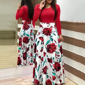 Printed Colorblock Long Sleeve Maxi Dress
