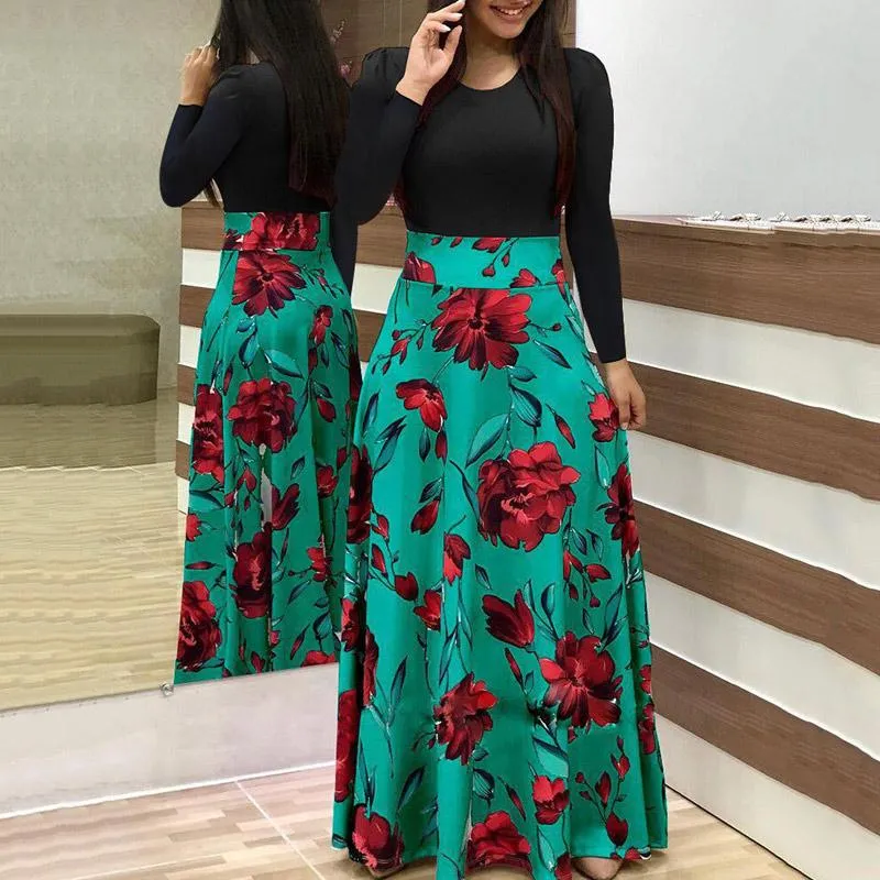 Printed Colorblock Long Sleeve Maxi Dress