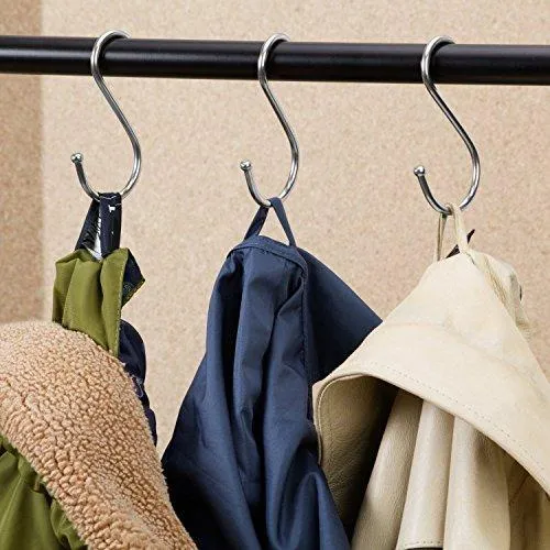 Prudance Small Round S Shaped Stainless Steel Hanging Hooks Set with 10 Hooks - Ideal for Pots, Pans, Spoons & Other Kitchen Essentials - Perfect for Clothing