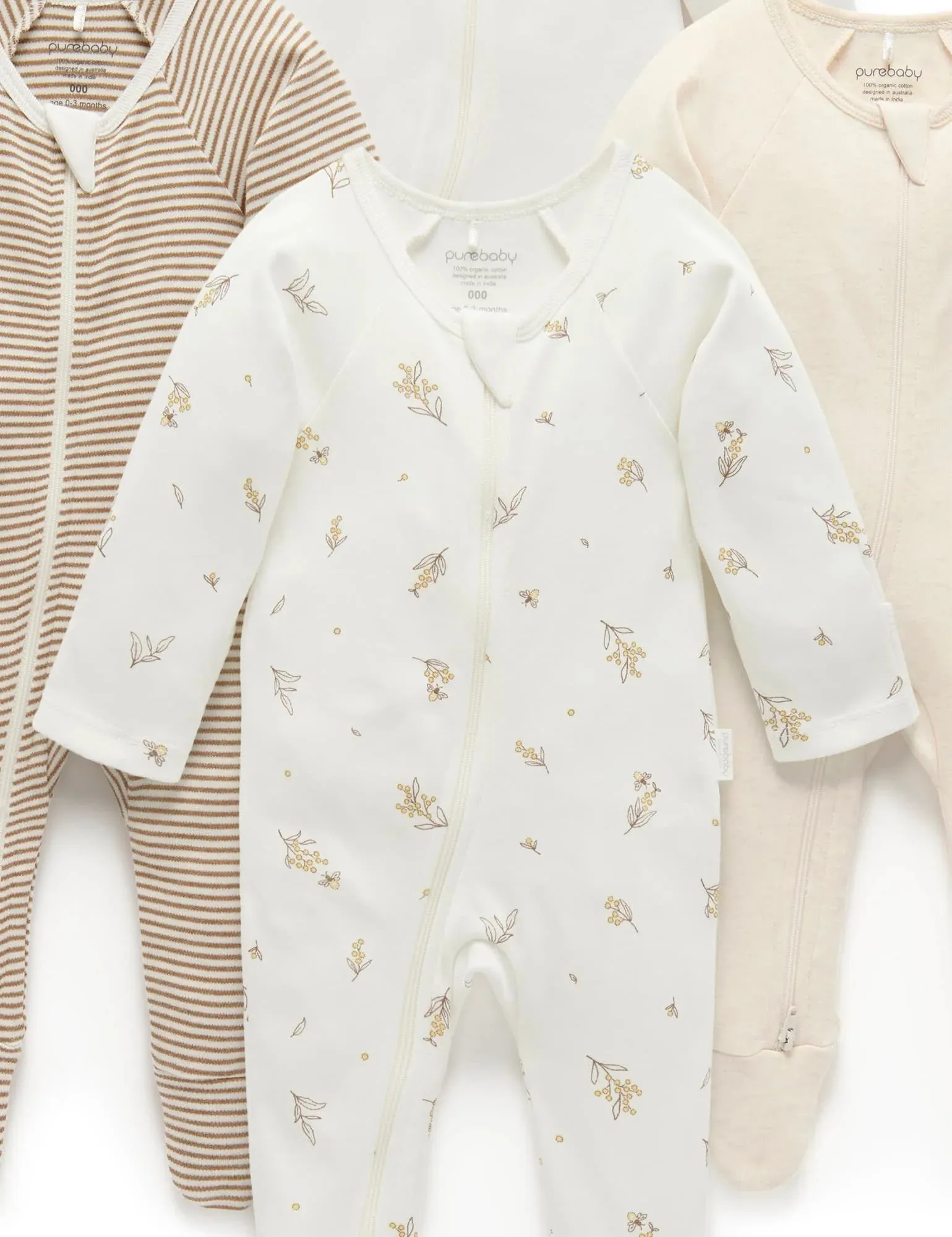 Purebaby Organic Zip Growsuit 4 Pack - Vanilla Wattle Bee