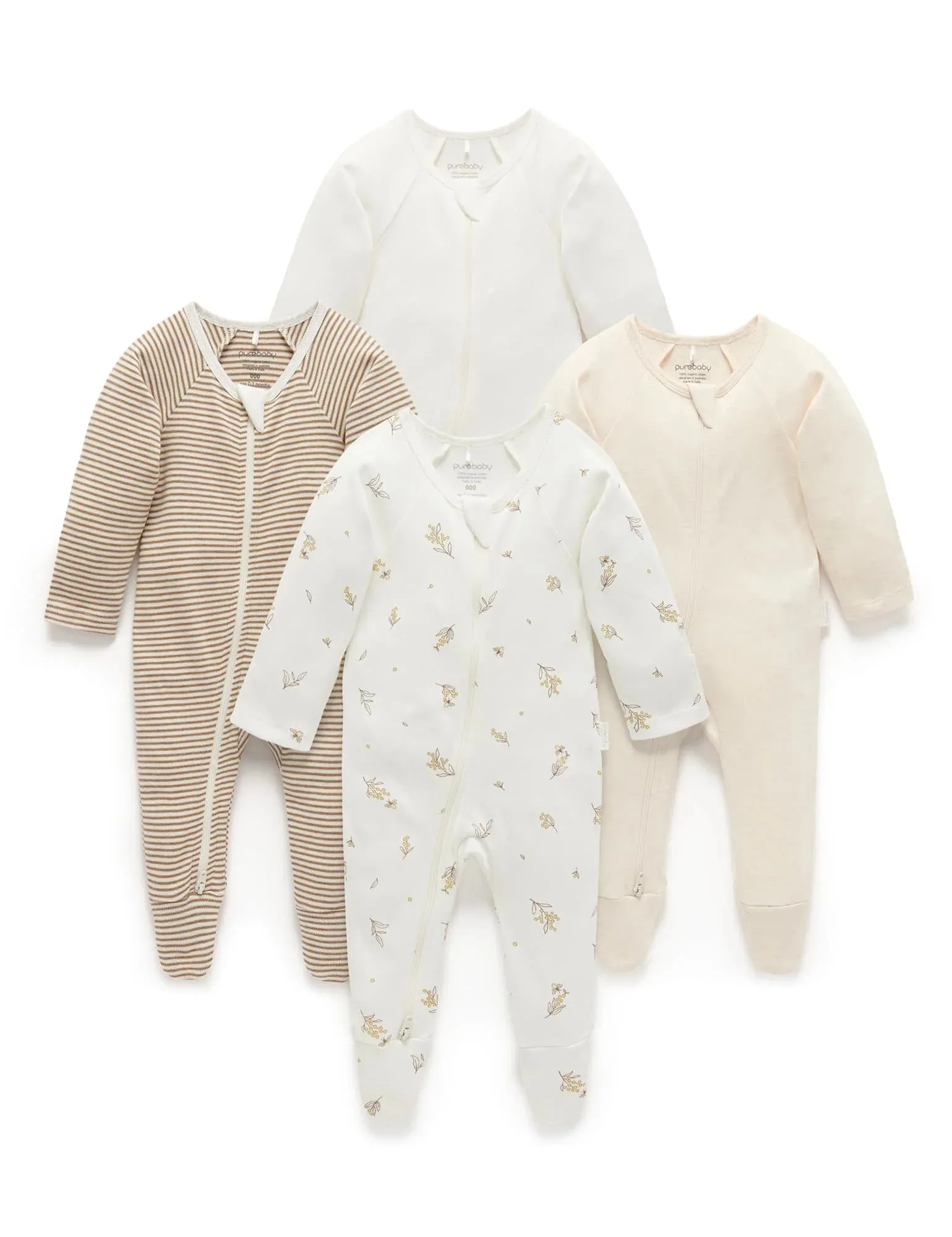 Purebaby Organic Zip Growsuit 4 Pack - Vanilla Wattle Bee