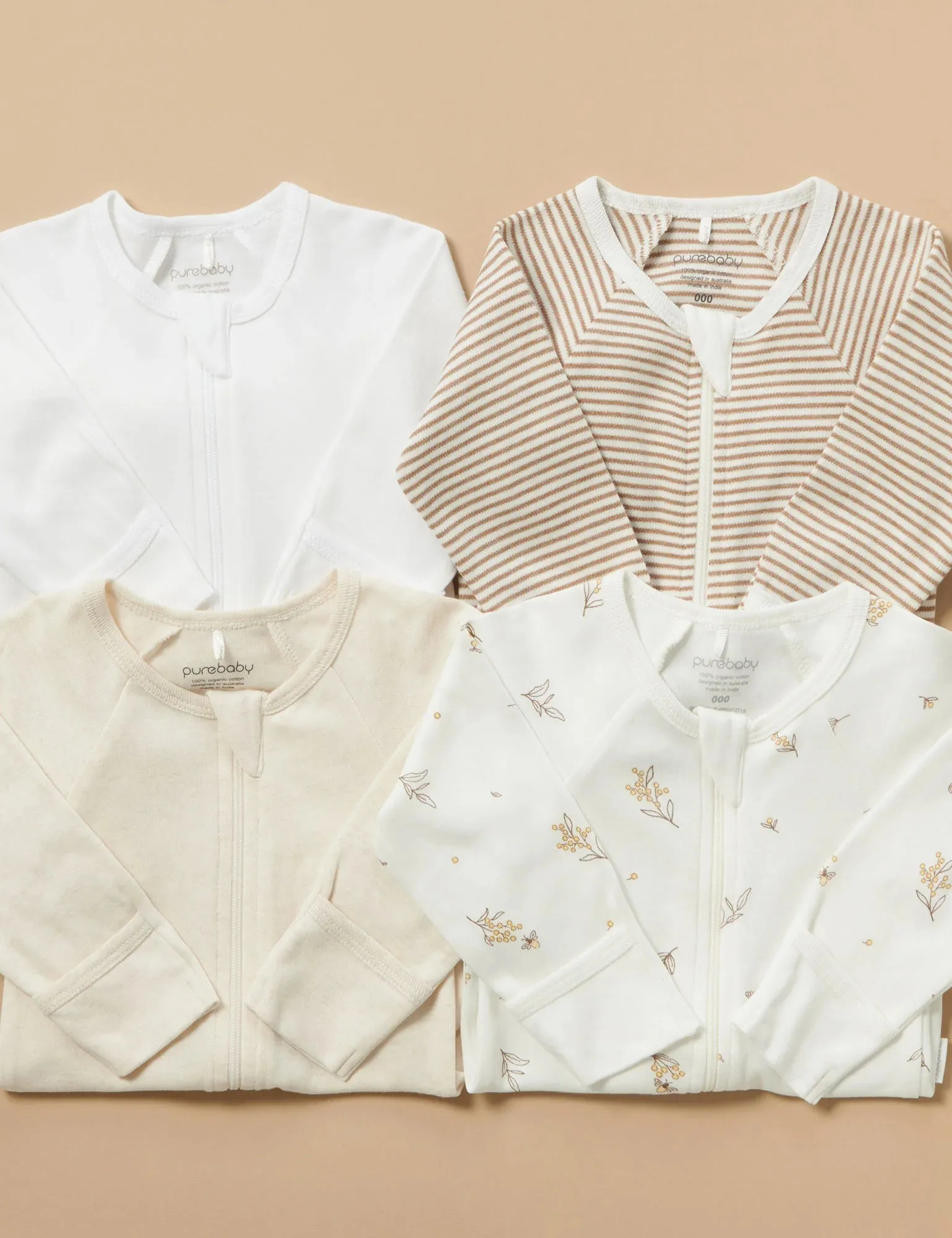 Purebaby Organic Zip Growsuit 4 Pack - Vanilla Wattle Bee