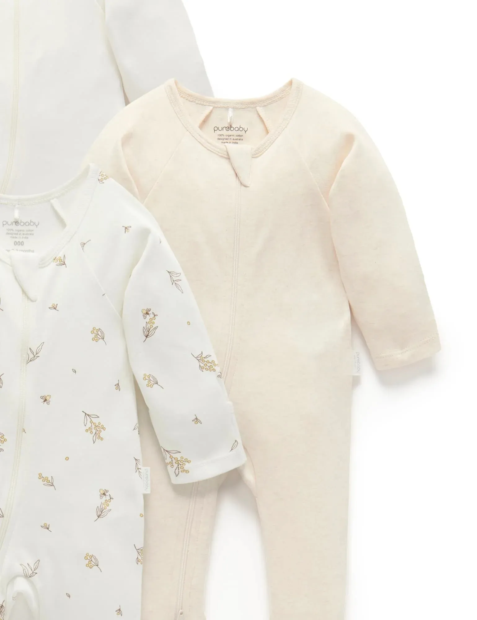 Purebaby Organic Zip Growsuit 4 Pack - Vanilla Wattle Bee