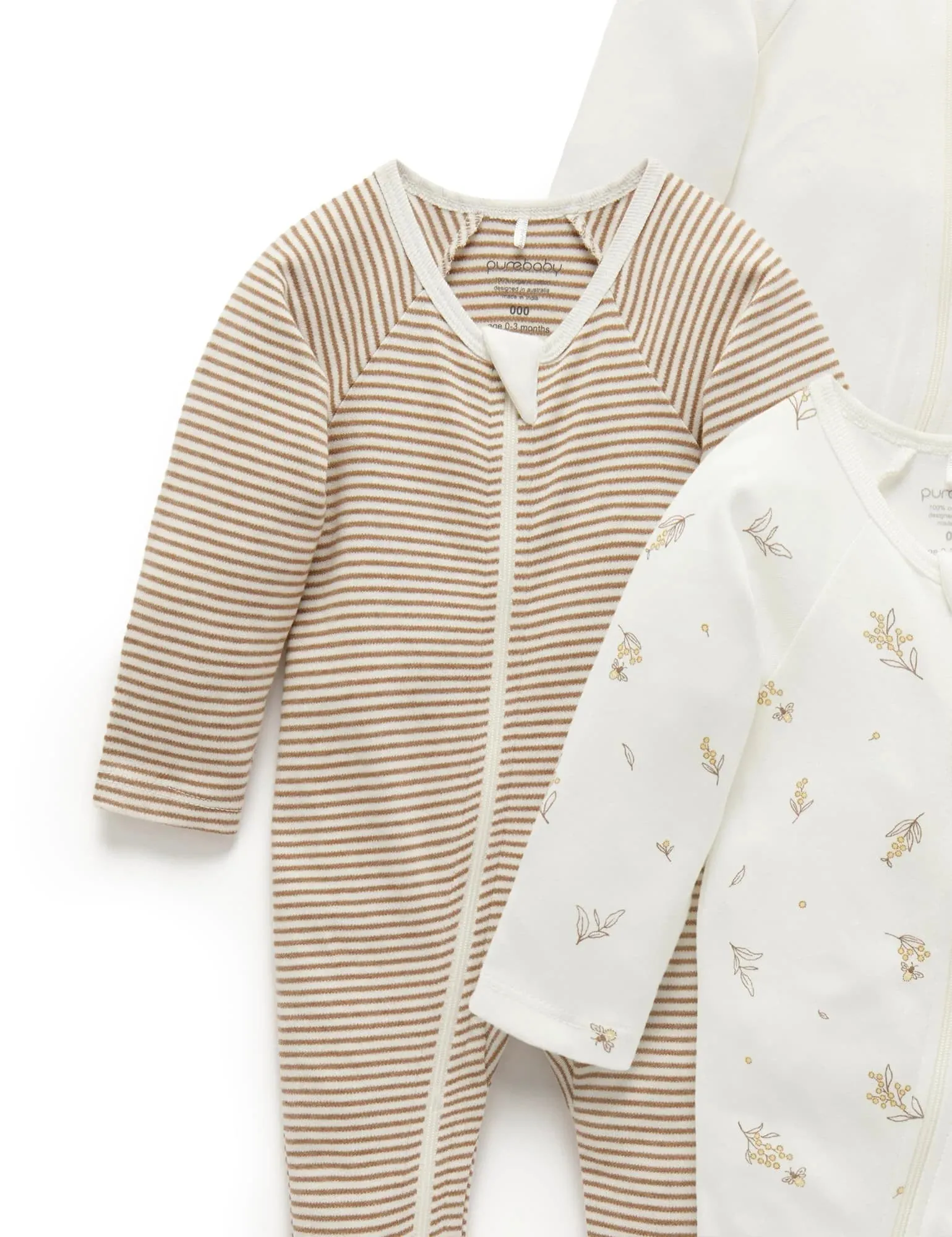 Purebaby Organic Zip Growsuit 4 Pack - Vanilla Wattle Bee