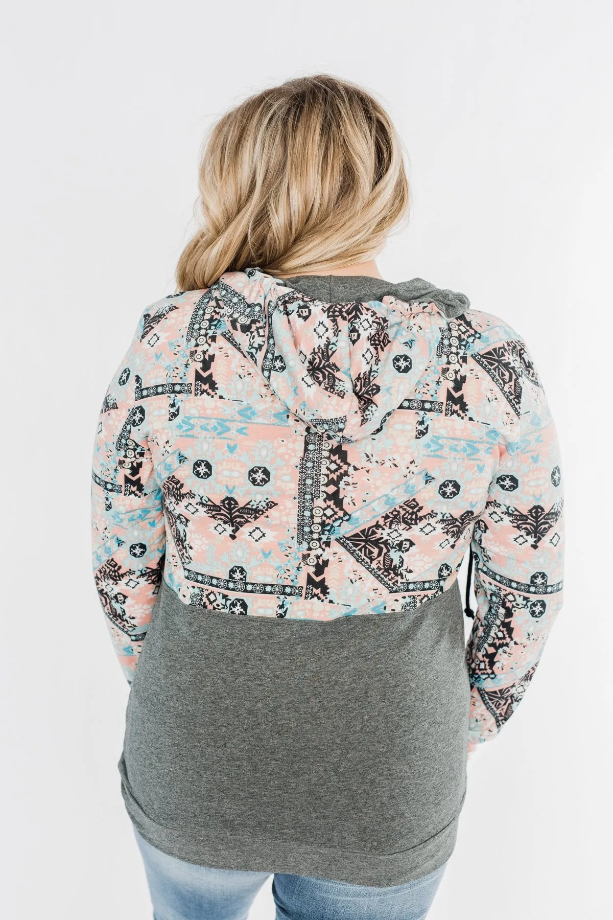 Quarter Zip Damask Hoodie- Grey & Peach Tones