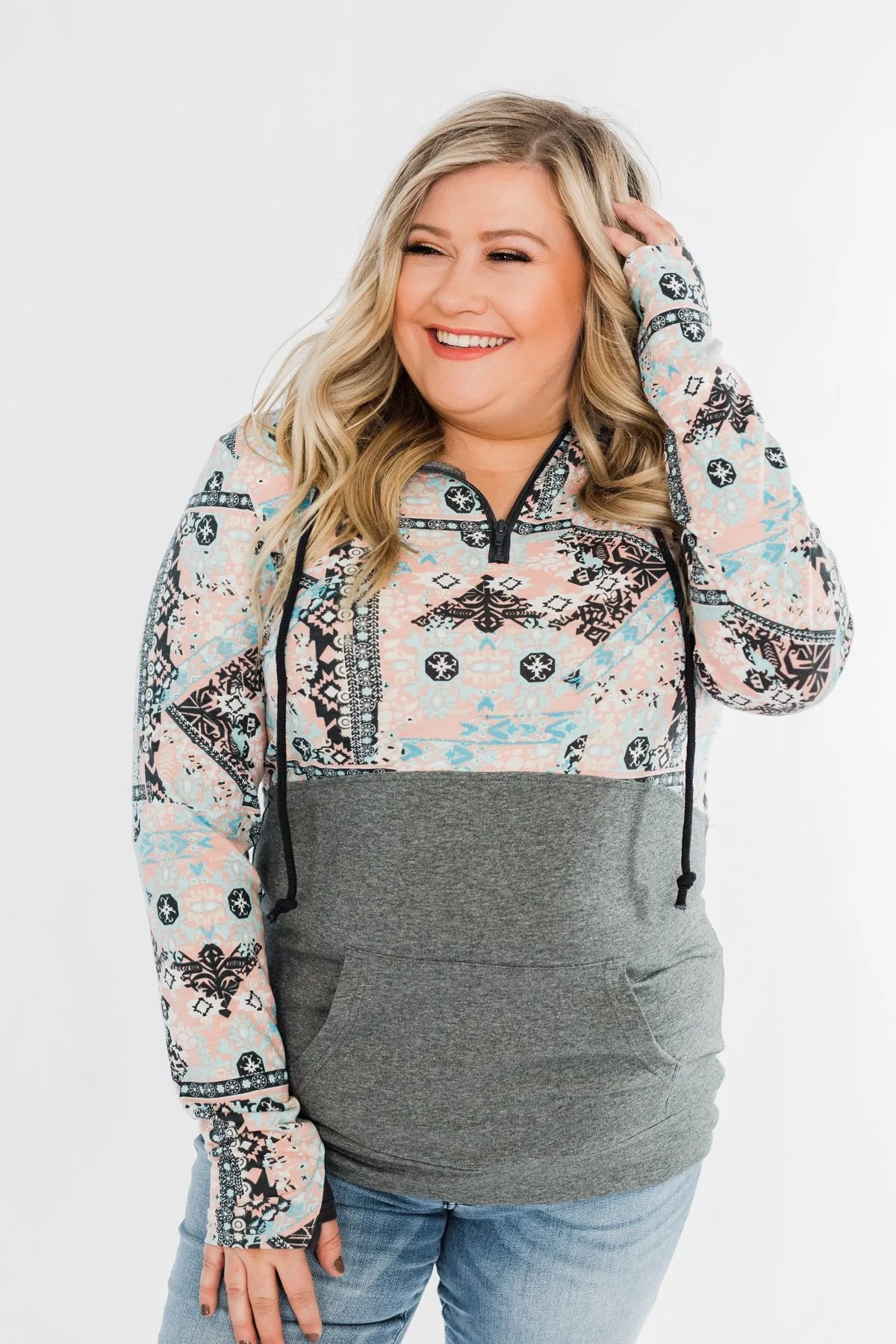 Quarter Zip Damask Hoodie- Grey & Peach Tones