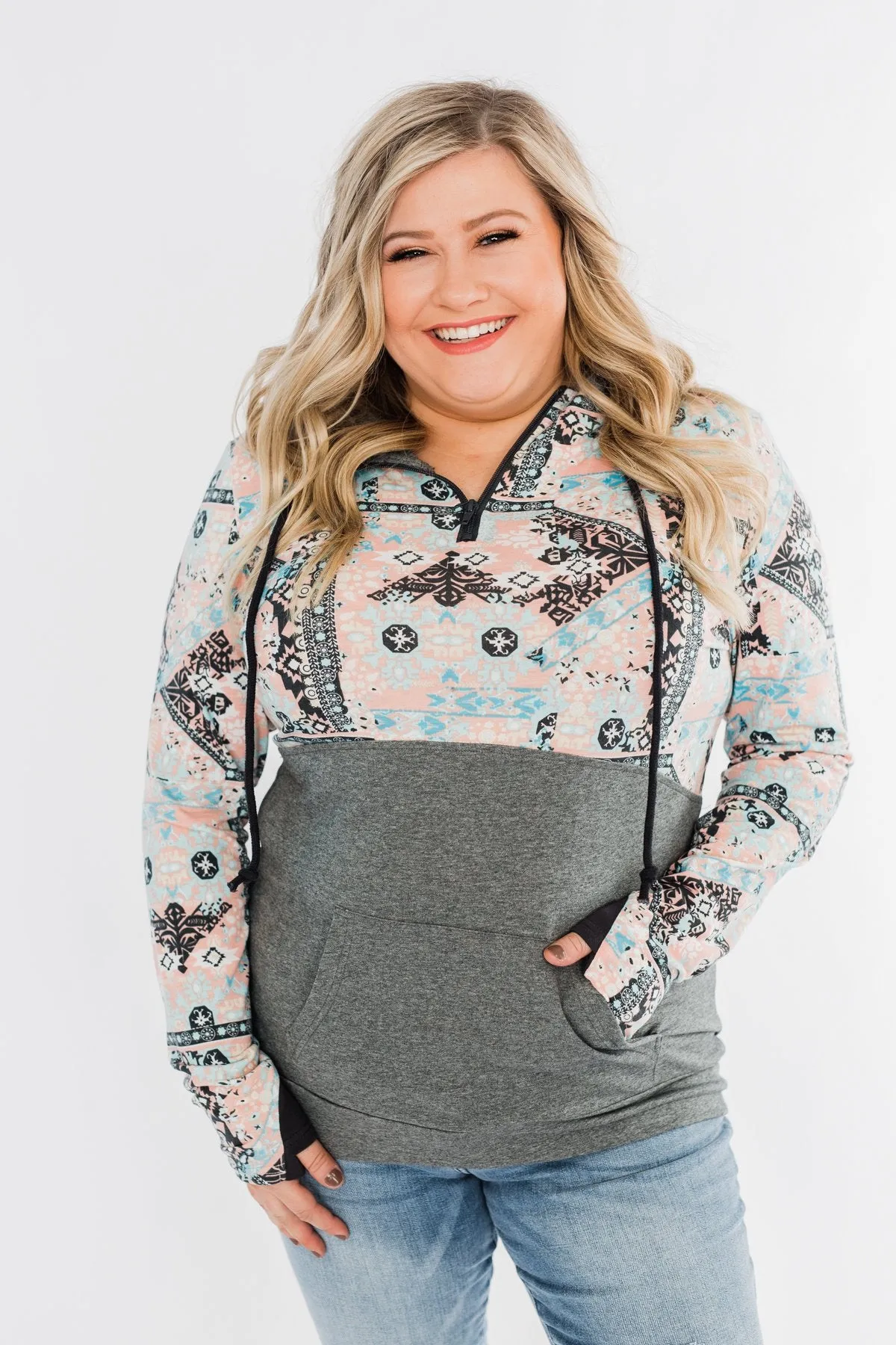 Quarter Zip Damask Hoodie- Grey & Peach Tones