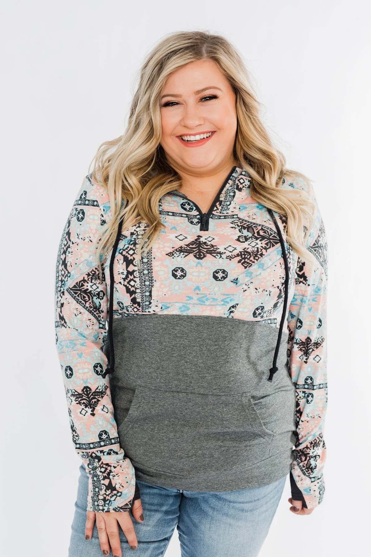 Quarter Zip Damask Hoodie- Grey & Peach Tones