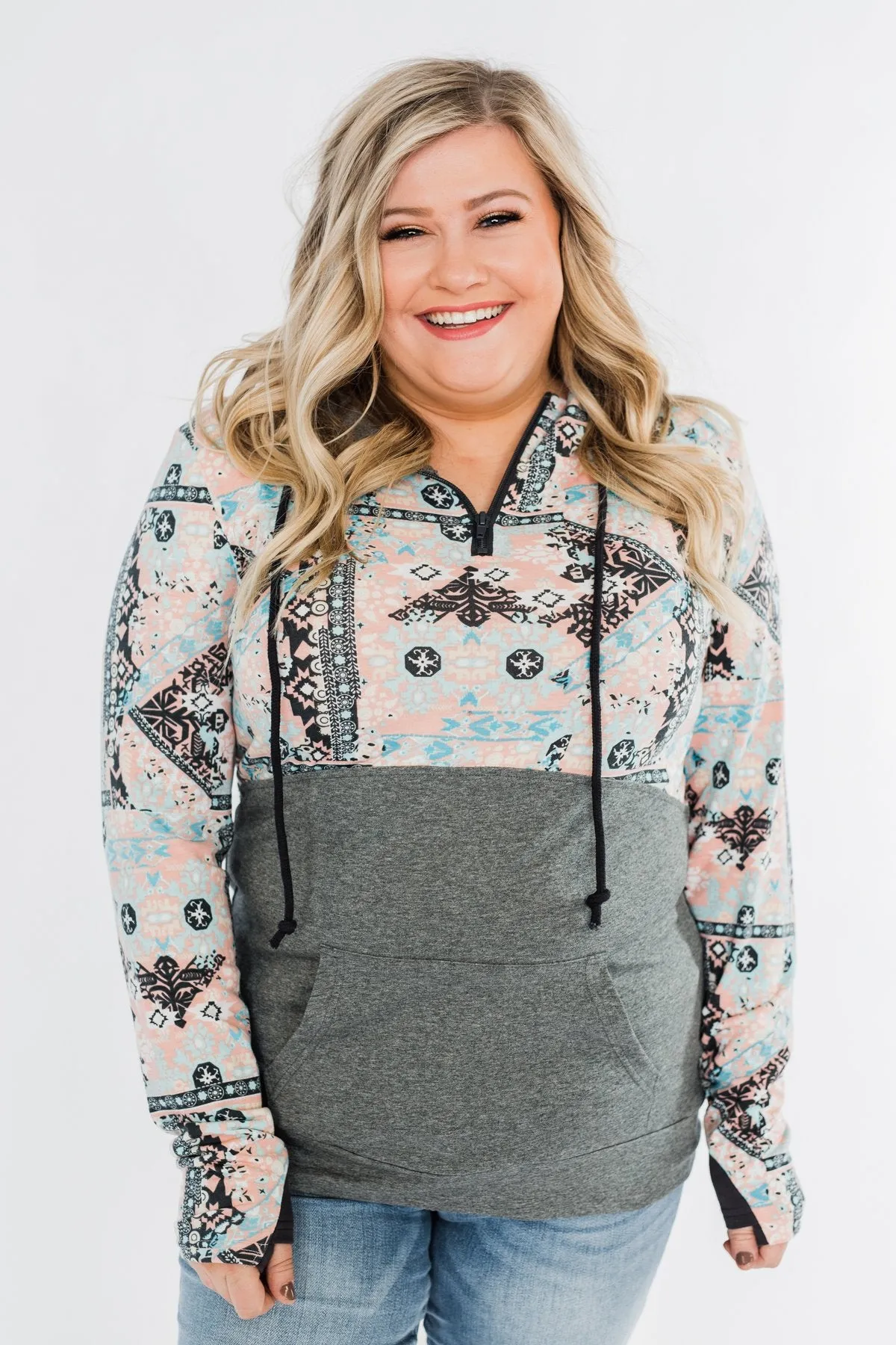 Quarter Zip Damask Hoodie- Grey & Peach Tones