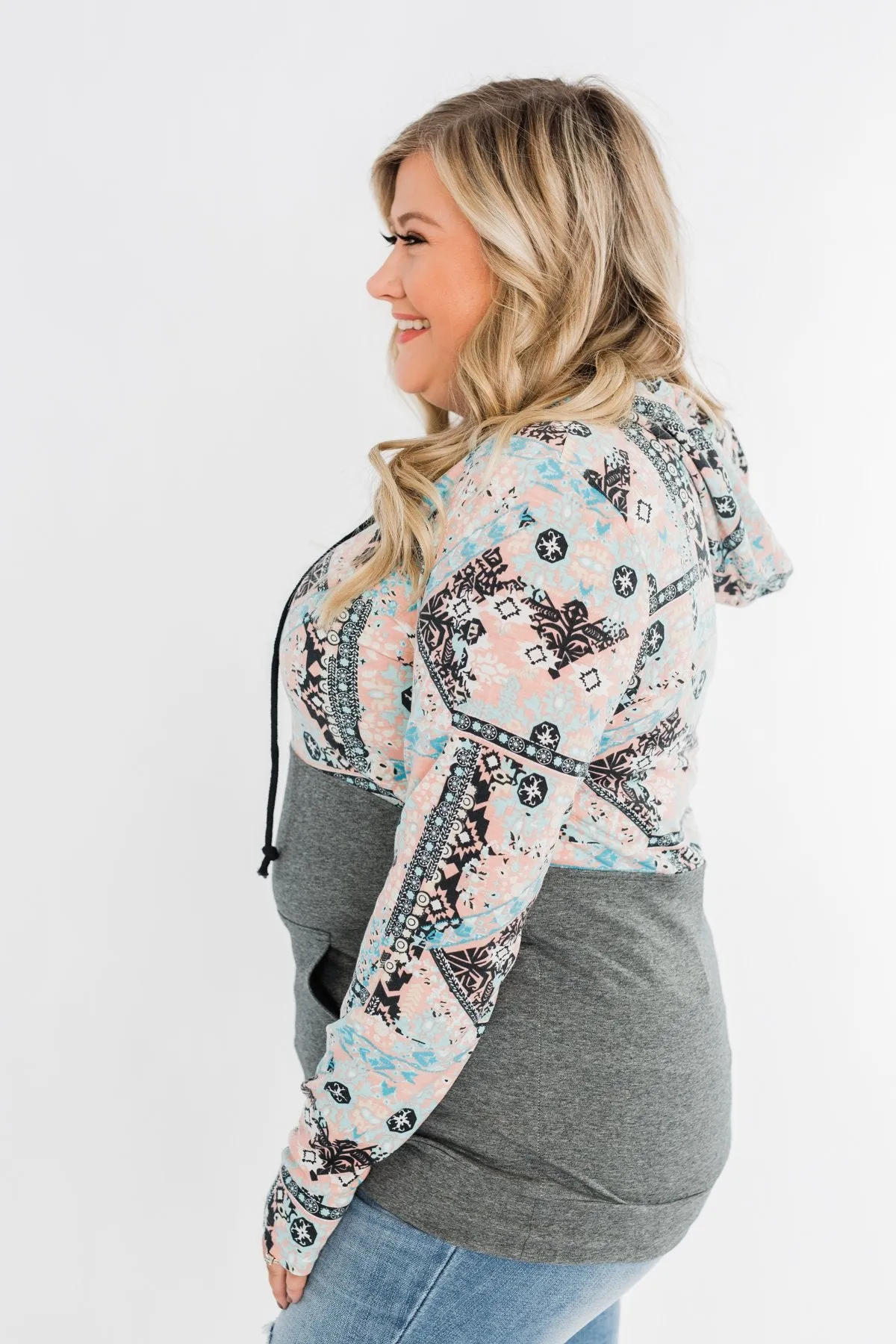 Quarter Zip Damask Hoodie- Grey & Peach Tones