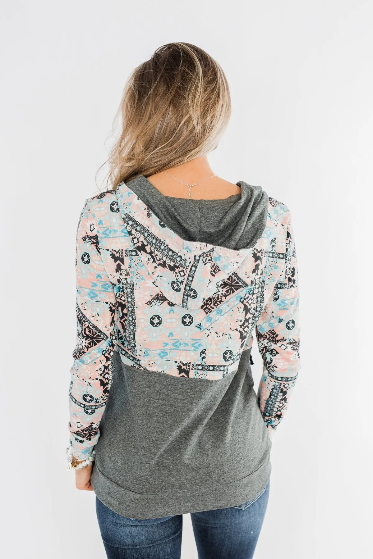 Quarter Zip Damask Hoodie- Grey & Peach Tones