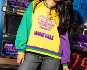 Queen of Sparkles Mardi Gras Colorblock Crown Sweatshirt - Yellow