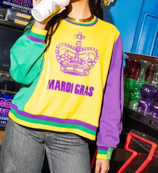 Queen of Sparkles Mardi Gras Colorblock Crown Sweatshirt - Yellow