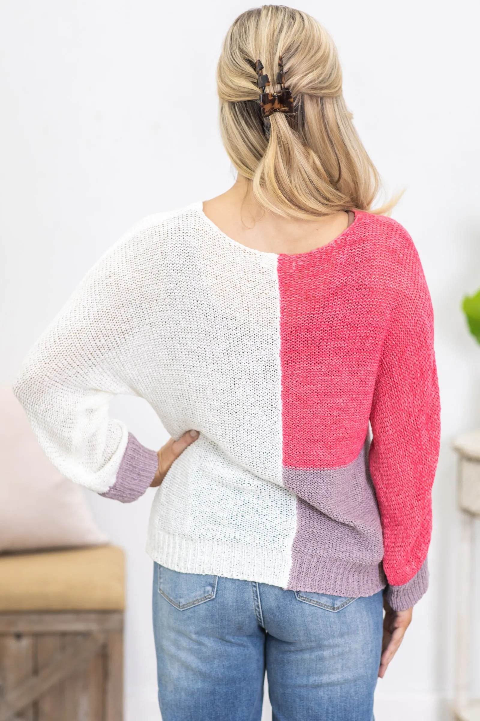 Raspberry Colorblock V-Neck Loose Knit Sweater