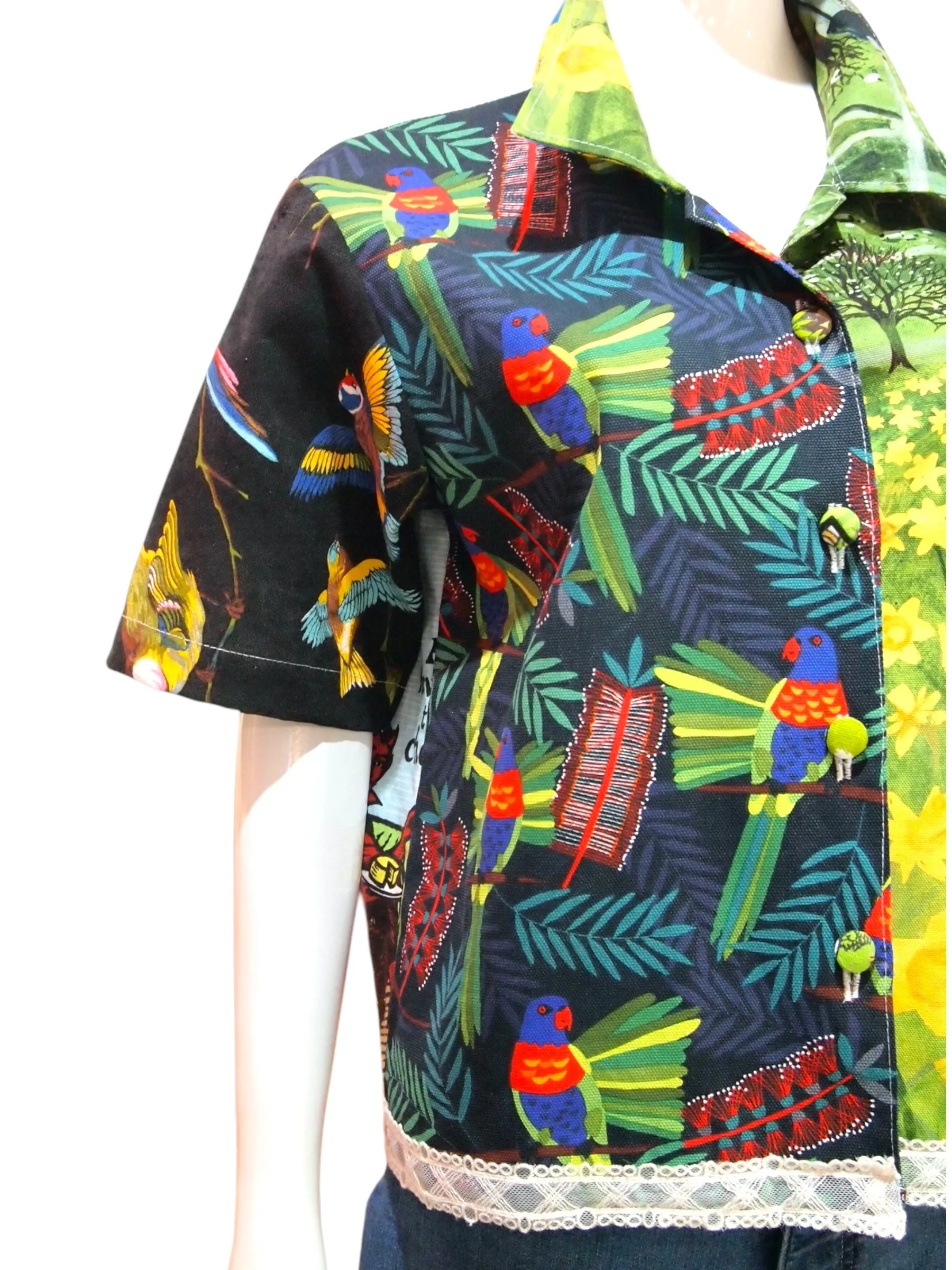 Reconstructed Vintage Top - Parrot x Green Meadows