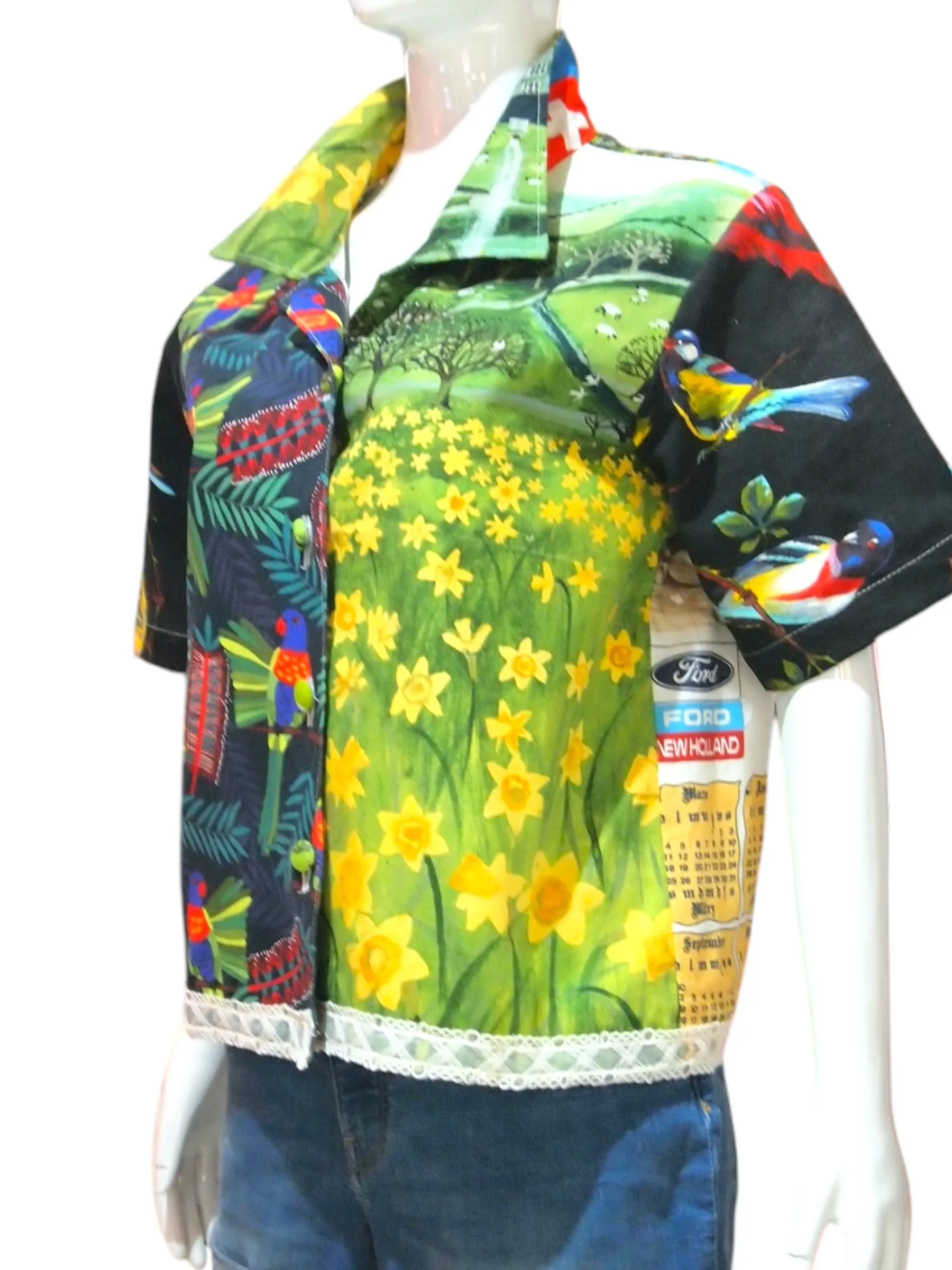 Reconstructed Vintage Top - Parrot x Green Meadows