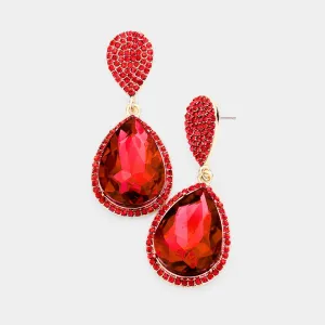 Red Teardrop and Cluster Rhinestone Pageant Drop Earrings on Gold  | 428760