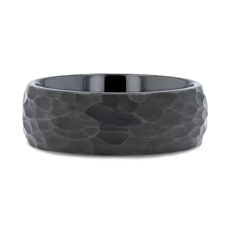 RENEGADE Domed Hammer Finish Black Tungsten Carbide with Brushed Finish