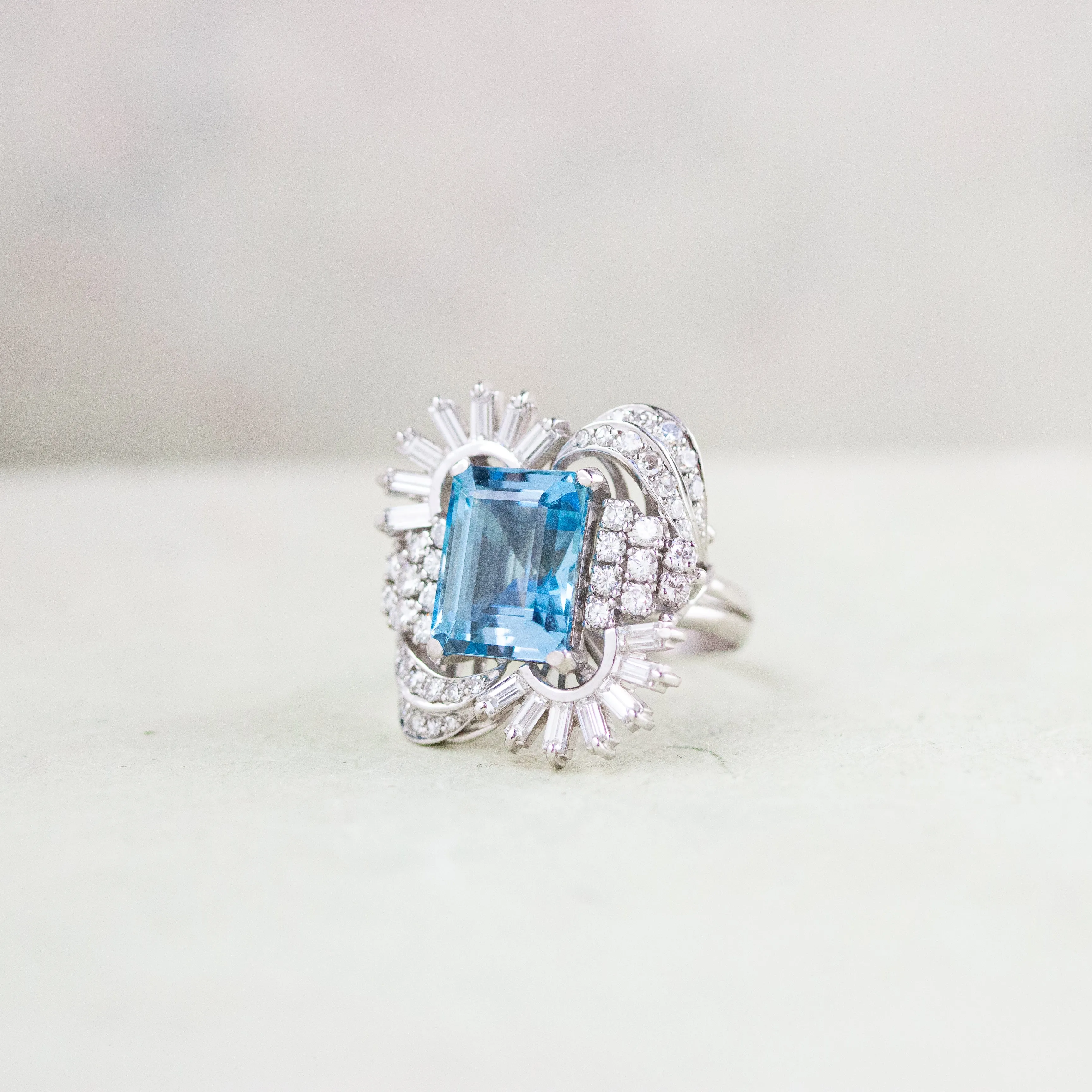 Retro Aquamarine & Diamond Cocktail Ring, Platinum
