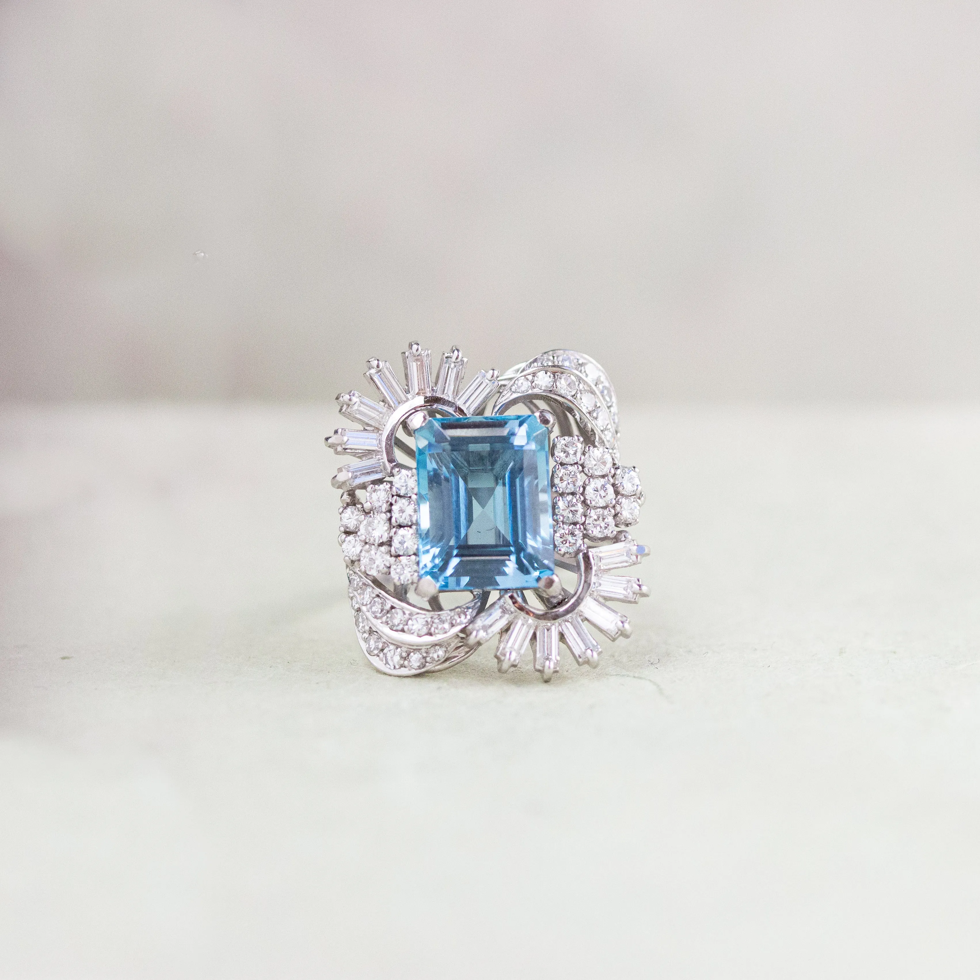 Retro Aquamarine & Diamond Cocktail Ring, Platinum