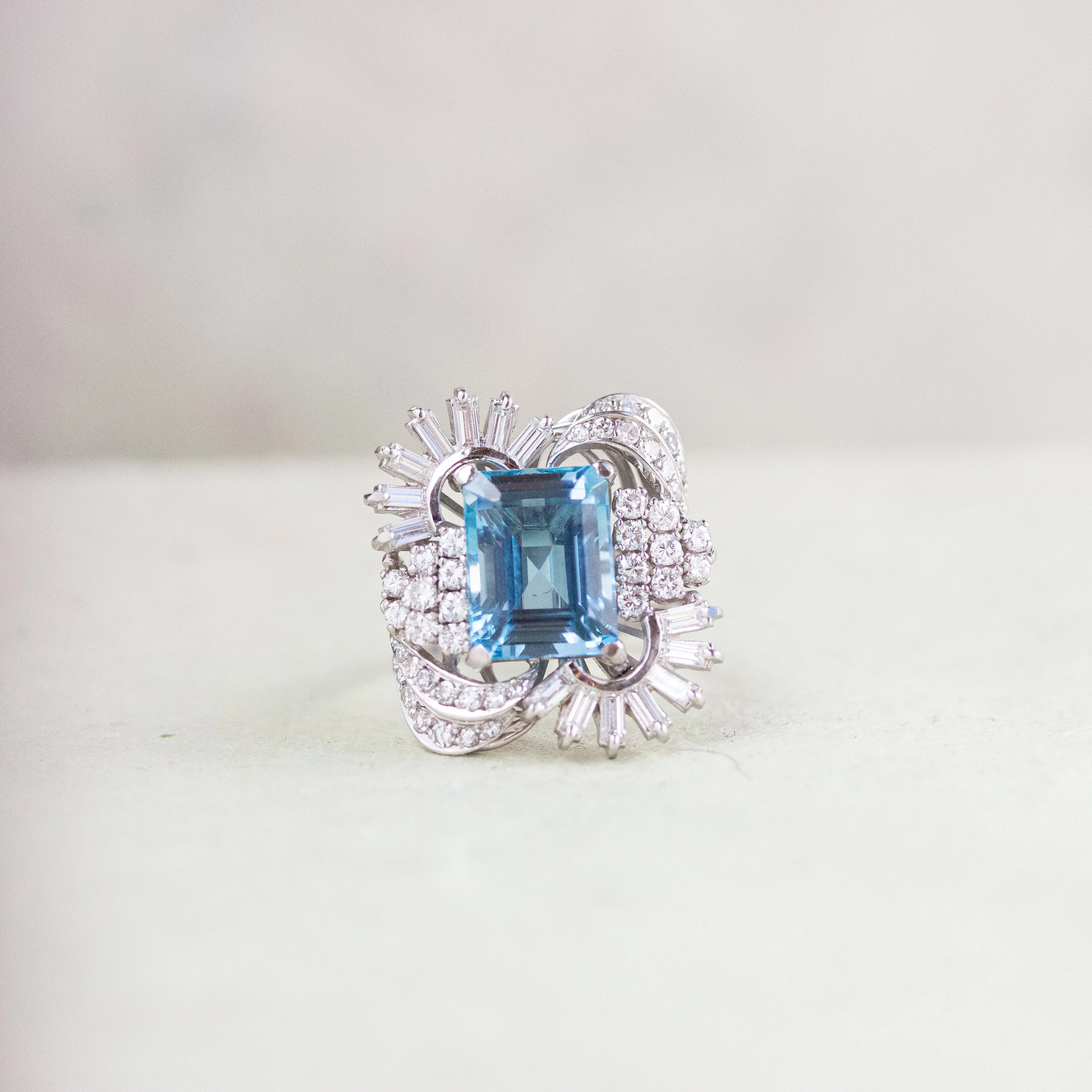 Retro Aquamarine & Diamond Cocktail Ring, Platinum
