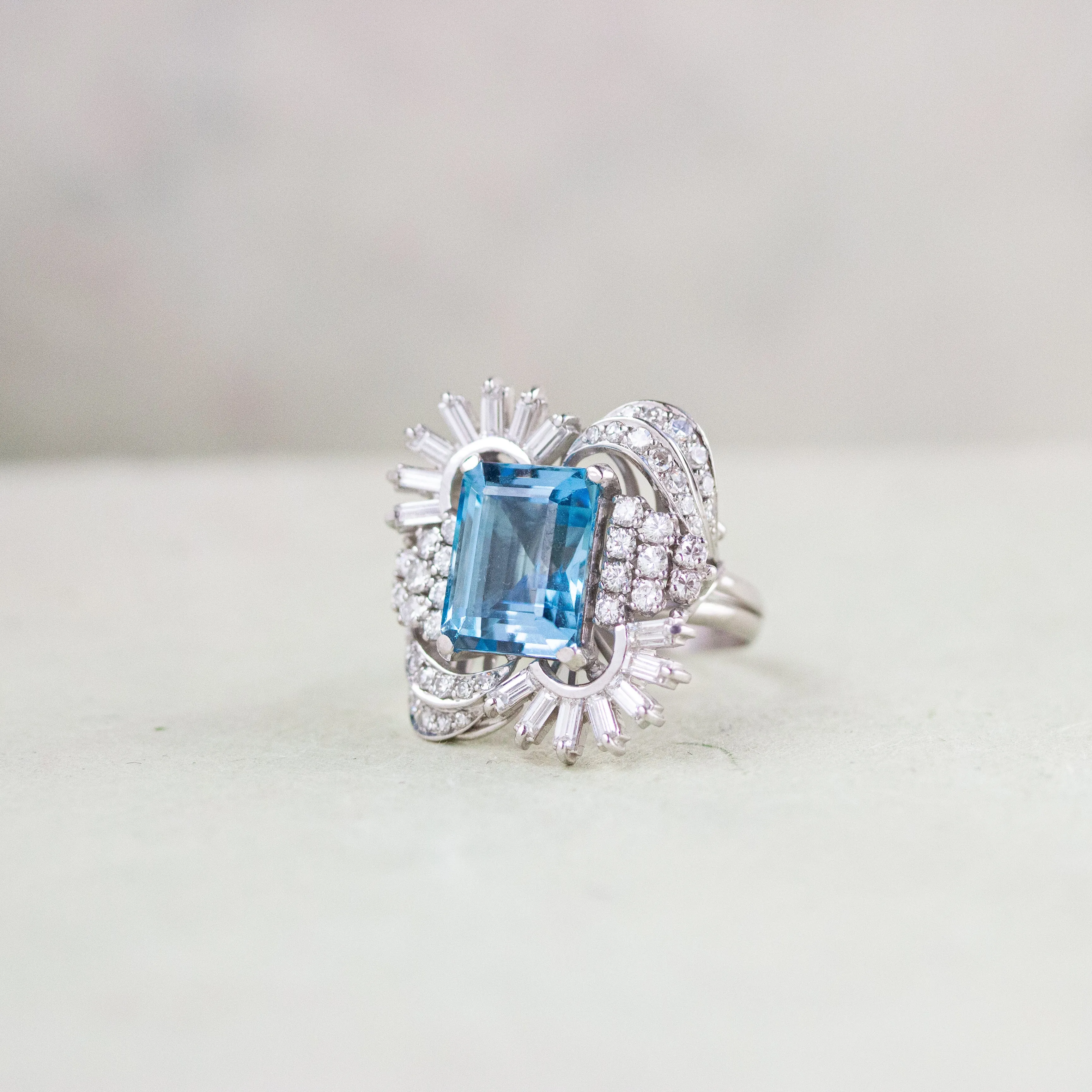Retro Aquamarine & Diamond Cocktail Ring, Platinum