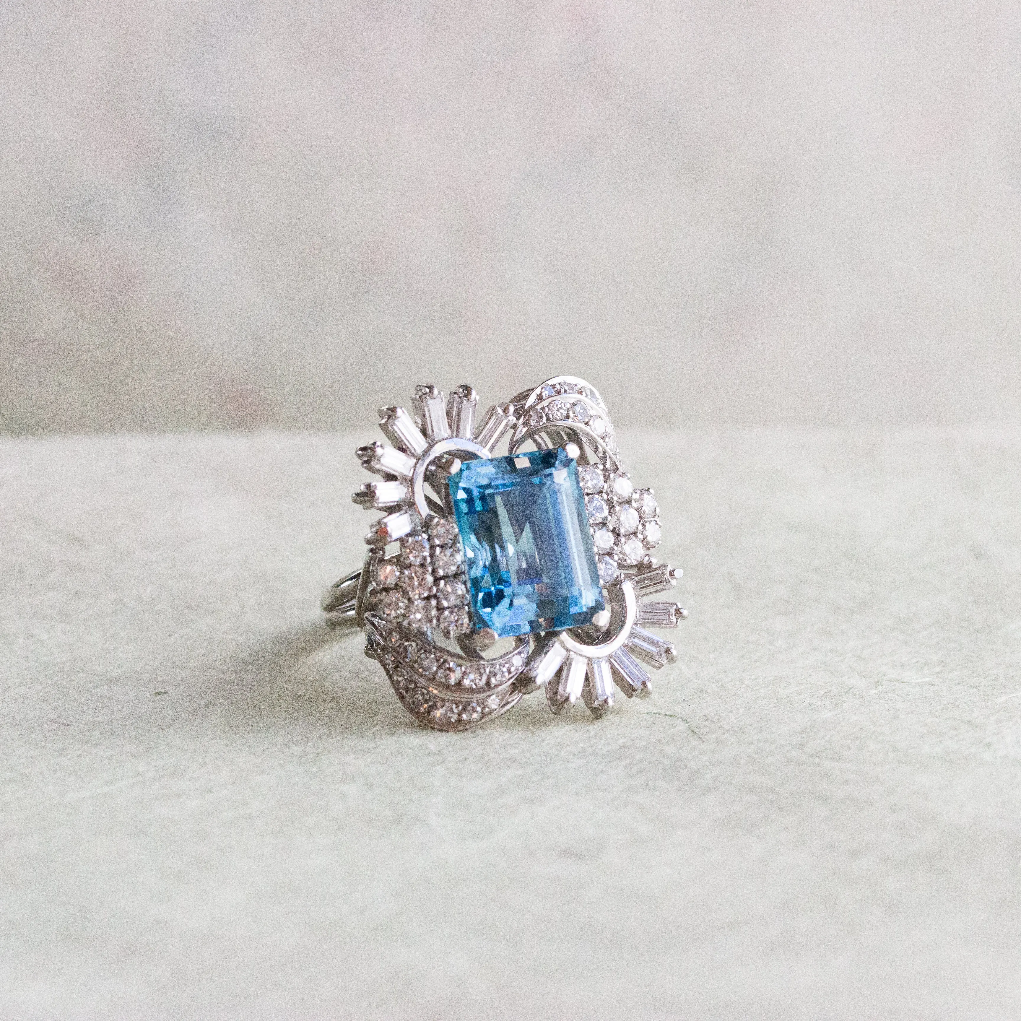 Retro Aquamarine & Diamond Cocktail Ring, Platinum
